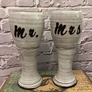 Signed Handmade Mr. and Mrs. Pottery Goblets